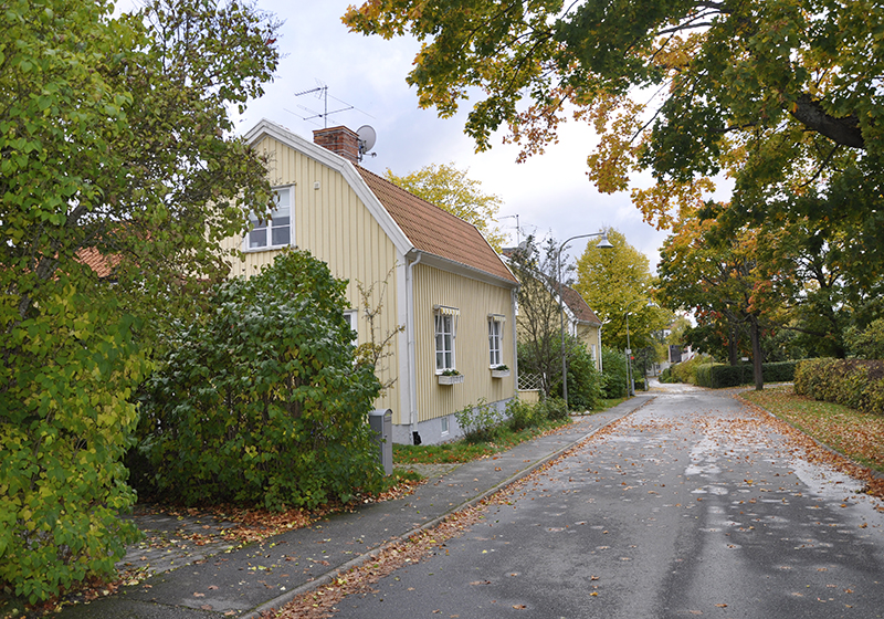 Gult trähus på gata under hösten